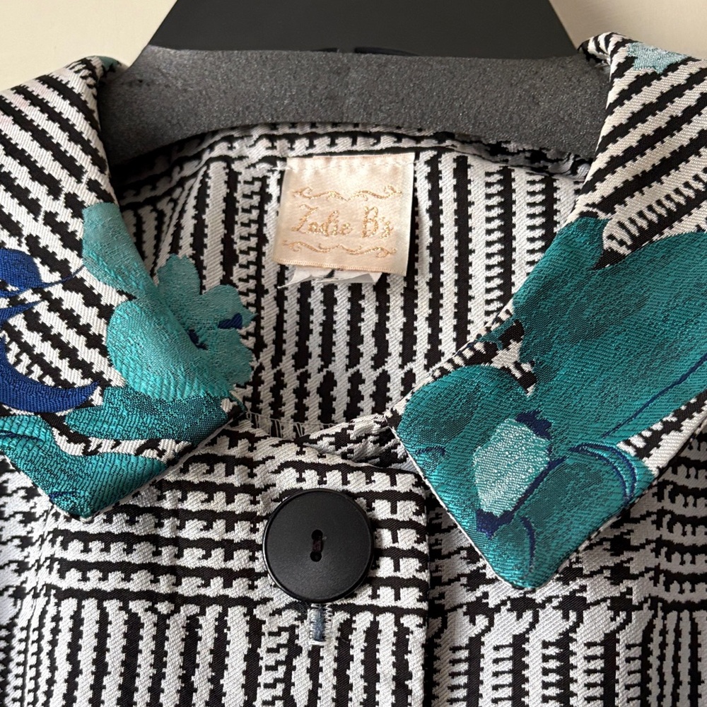 Patterned Floral Swing Coat with Teal & Navy Accents - Picture 2 of 5
